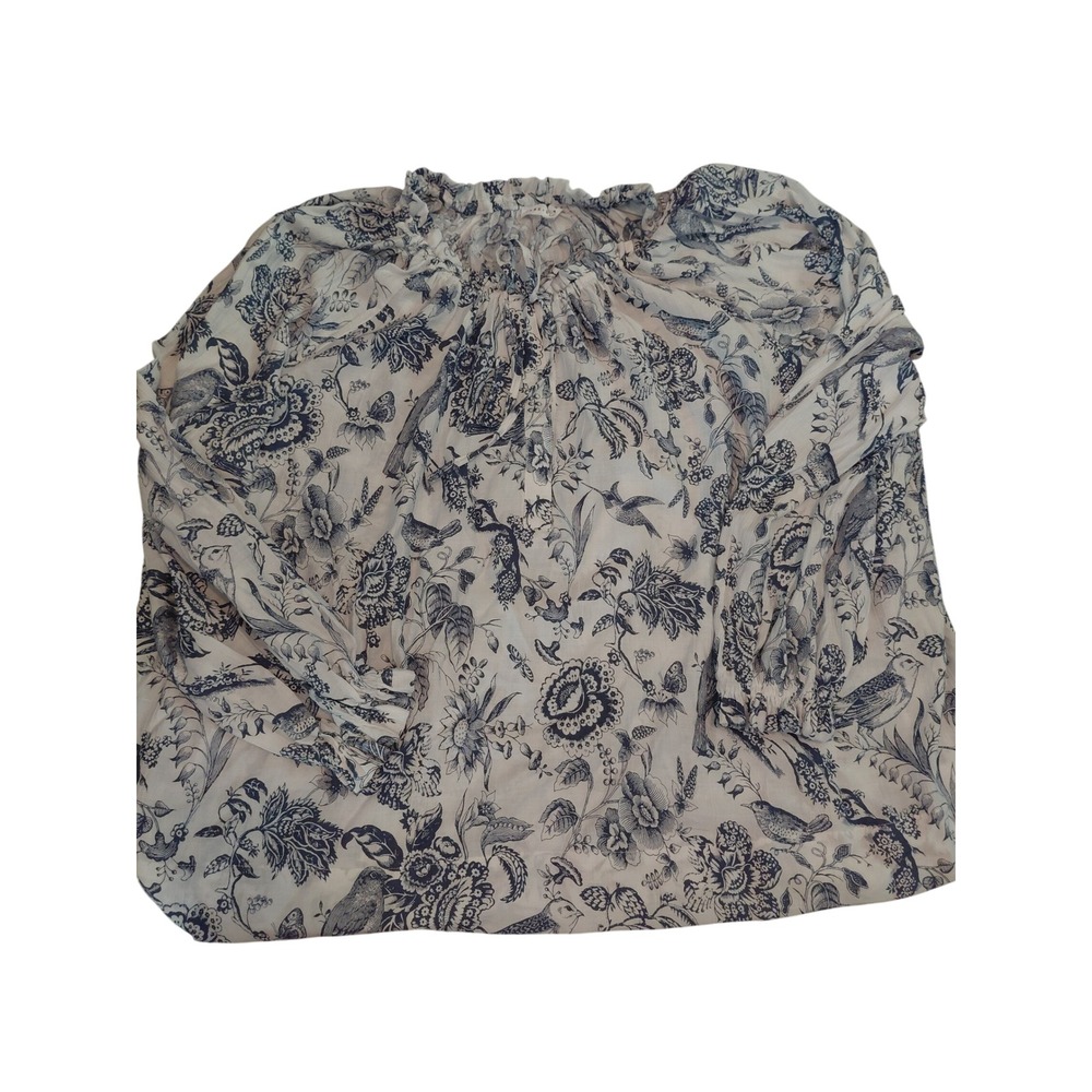 Jane + Delancey Navy White Toile Floral Bird Print Ruffle Neck Blouse Top